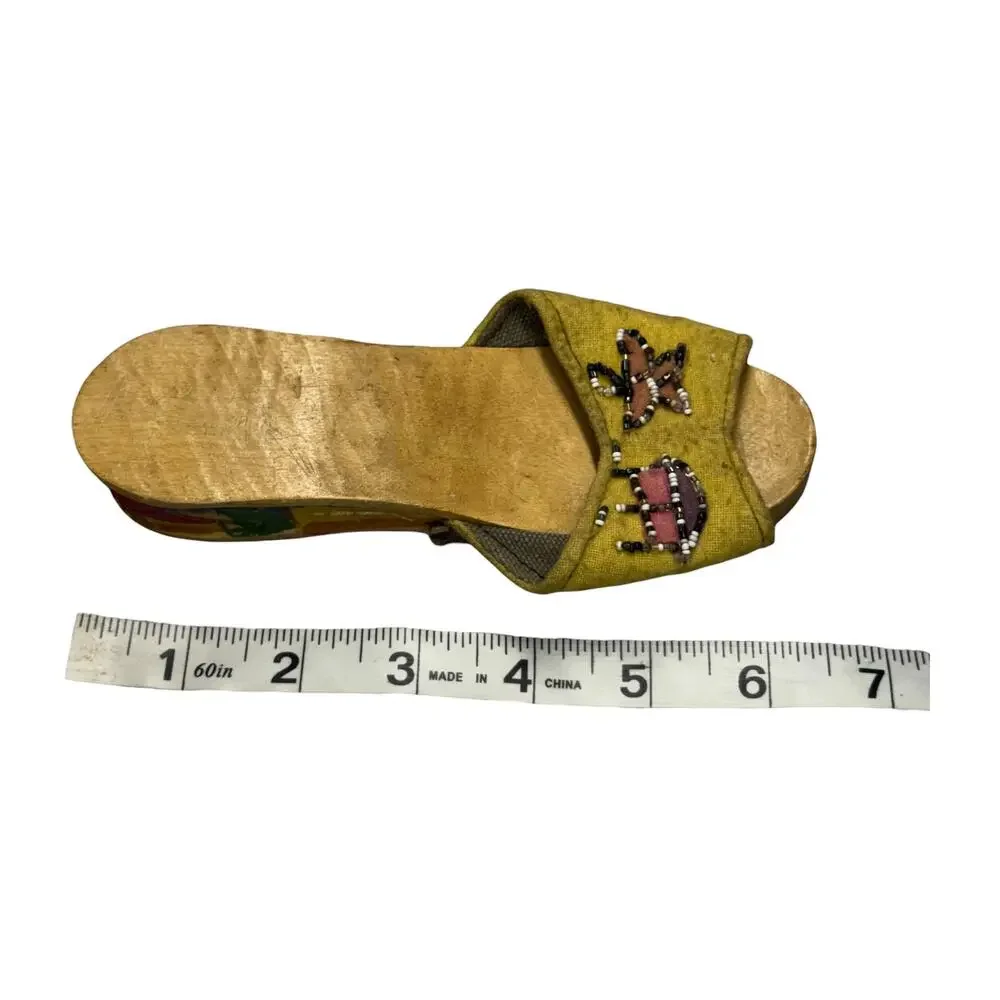 Vintage Wooden Slide Mules Beaded Vamp Folk Art Painted Sole Size 6 - Picture 9 of 9